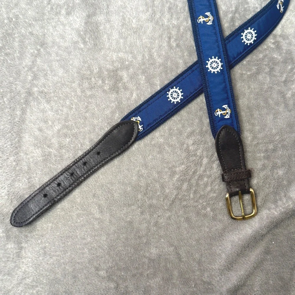 Men's Preppy Nautical Leather Canvas Belt Size 46 Blue Anchor Surcingle Sailing